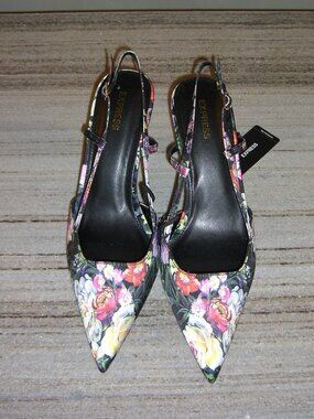 NEW EXPRESS FLORAL PRINT SLINGBACK HEELS SHOES 7.5M